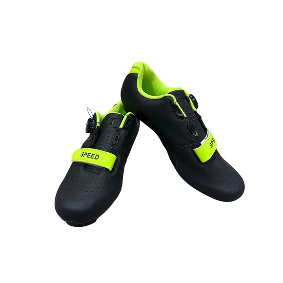 Mens Speed Cycling Shoes Black Neon Green Road Bike Compatible Cleats - Picture 1 of 6